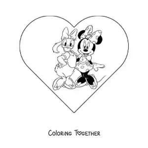 Coloring page of Minnie and Daisy with a heart in the background