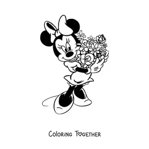 Coloring page of Minnie with a bouquet of flowers