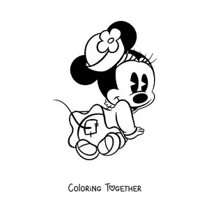 Coloring page of a baby Minnie with a flowered hat