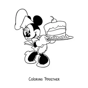 Coloring page of Minnie the cook with a chef's hat and a cake