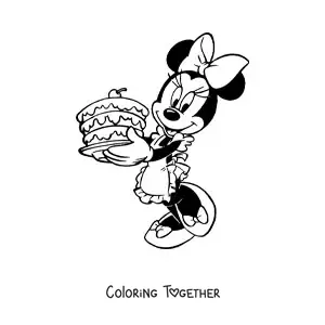 Coloring page of Minnie with a cake