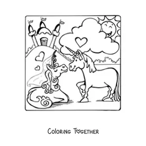 Coloring page of a unicorn princess with a unicorn prince and a castle in the background