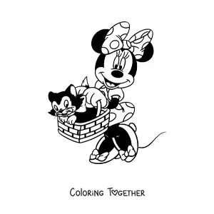 Coloring page of Minnie carrying her cat Figaro in a basket