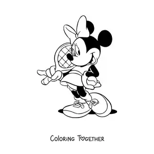 Coloring page of Minnie dressed as a tennis player with a racket