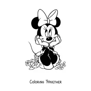 Coloring page of Minnie sitting on flowers, eyes looking up to the left