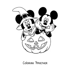 Coloring page of Minnie and Mickey in costumes at Halloween next to a big pumpkin