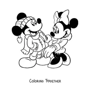Coloring page of Minnie and Mickey dressed for winter at Christmas
