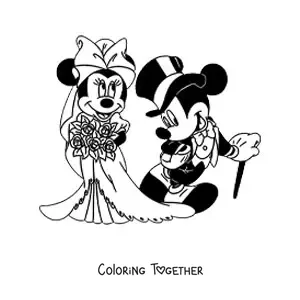 Coloring page of Minnie in a wedding dress with a bouquet and Mickey in a suit and hat at their wedding