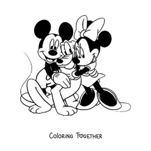 Coloring page of Minnie and Mickey hugging Pluto