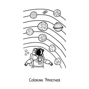 Coloring page of an astronaut and the planets of the current Solar System