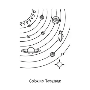 Coloring page of the planets of the Solar System with their full orbits and Pluto, to scale
