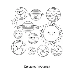 Coloring page of the planets of the Solar System with a kawaii Sun