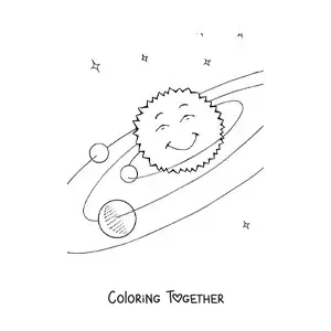 Coloring page of the Solar System with a kawaii Sun