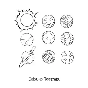 Coloring page of the planets of the current Solar System in rows