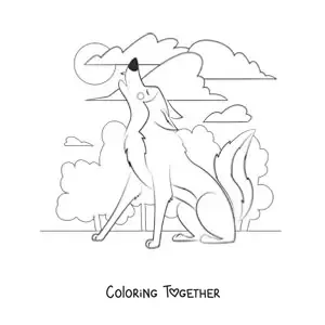Coloring page of a cartoon wolf howling at the moon