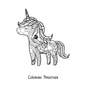 Coloring page of a kawaii unicorn mandala
