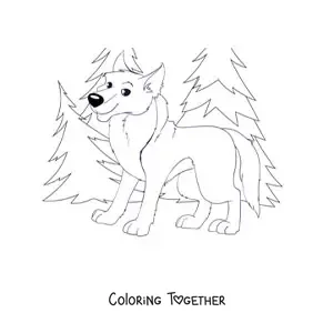 Coloring page of a smiling cartoon wolf in a forest