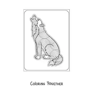 Coloring page of a howling wolf mandala