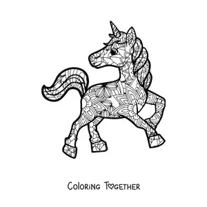 Coloring page of a cartoon unicorn mandala