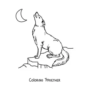 Coloring page of a wolf sitting on a rock and howling at the moon