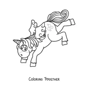 Coloring page of an animated unicorn dancing on its front legs