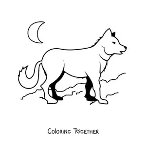 Coloring page of a wolf with the moon in the background