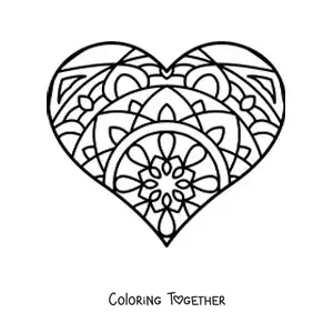 Coloring page of a heart with a Zentangle style mandala
