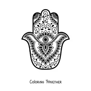 Coloring page of a hand with a Zentangle style mandala