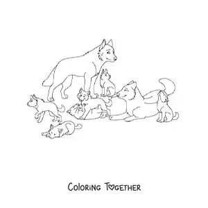 Coloring page of a pack of cartoon wolves