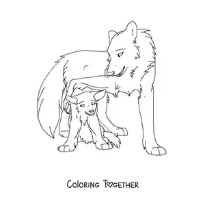 Coloring page of a baby wolf with its mom