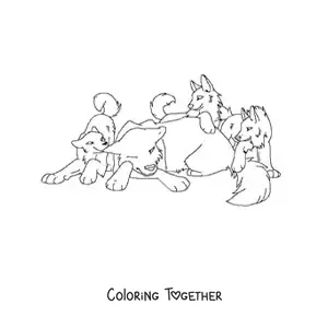 Coloring page of a pack of cartoon wolf cubs