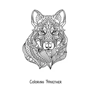 Coloring page of a mandala shaped like a wolf's head