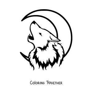 Coloring page of a wolf's head howling at the moon