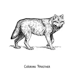 Coloring page of a realistic wolf walking to the right