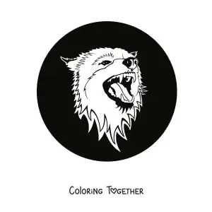 Coloring page of a fierce wolf head inside a circle