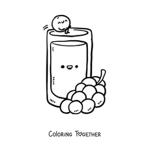 Coloring page of a glass of grape juice with kawaii grapes