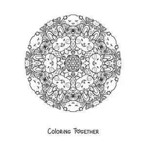 Coloring page of a rabbits and stars mandala for primary school kids
