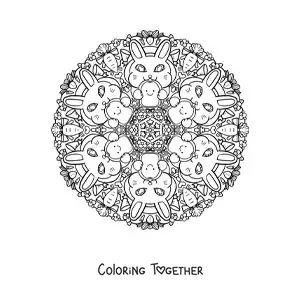 Coloring page of a mandala of rabbits eating for primary school kids