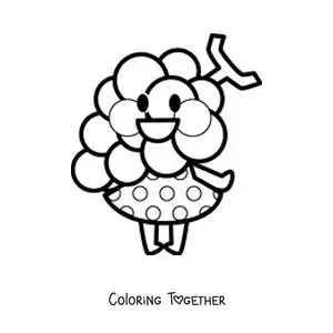 Coloring page of cartoon grapes in a kawaii dress