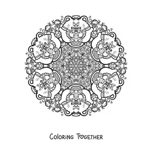 Coloring page of a mandala of mice and cakes for primary school kids
