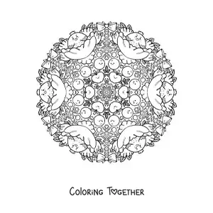 Coloring page of a mandala of hens and fruit for primary school kids