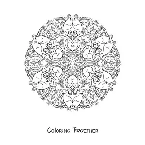 Coloring page of a mandala of rodents and hearts for primary school kids