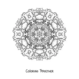 Coloring page of a mandala of animals and flowers for kids