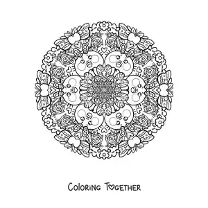 Coloring page of a mandala of rabbits and hearts for kids