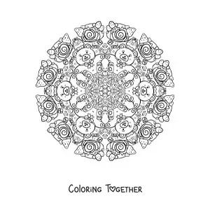 Coloring page of a mandala of bears and desserts for kids