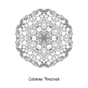 Coloring page of a mandala of rabbits and fruit for kids