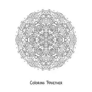 Coloring page of a mandala of rockets and aliens for kids