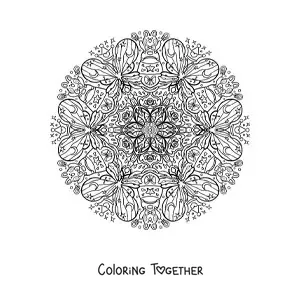 Coloring page of a mandala of butterflies and rabbits for kids