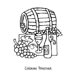 Coloring page of several grapes next to a barrel and a bottle of wine
