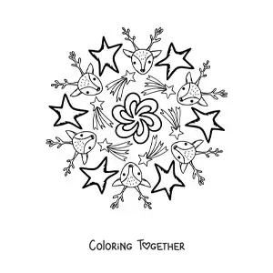 Coloring page of a Christmas reindeer and stars mandala for kids
